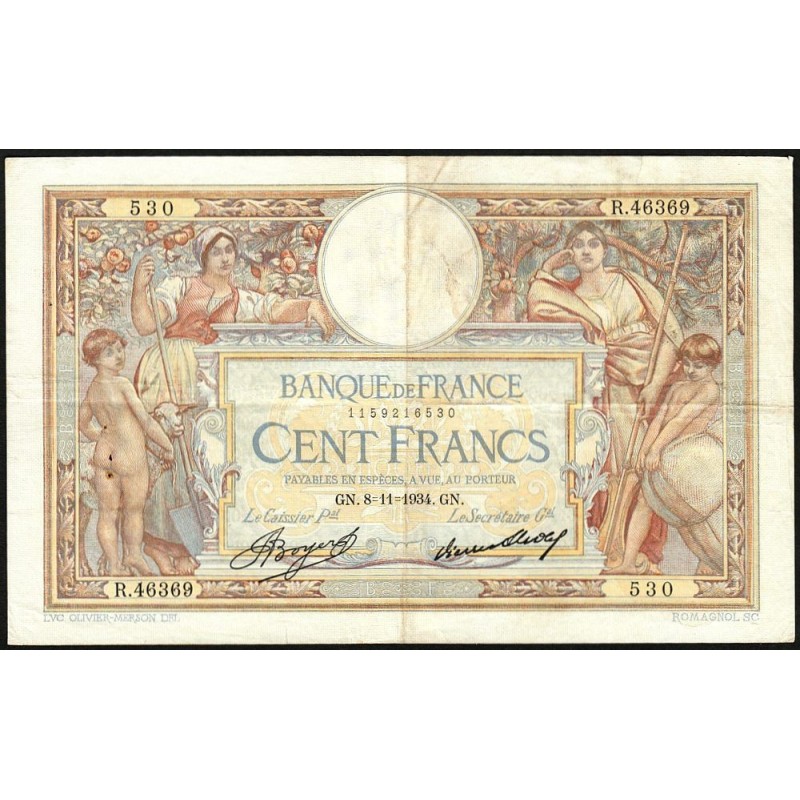 F 24-13 - 08/11/1934 - 100 francs - Merson grands cartouches - Série R.46369 - Etat : TB+