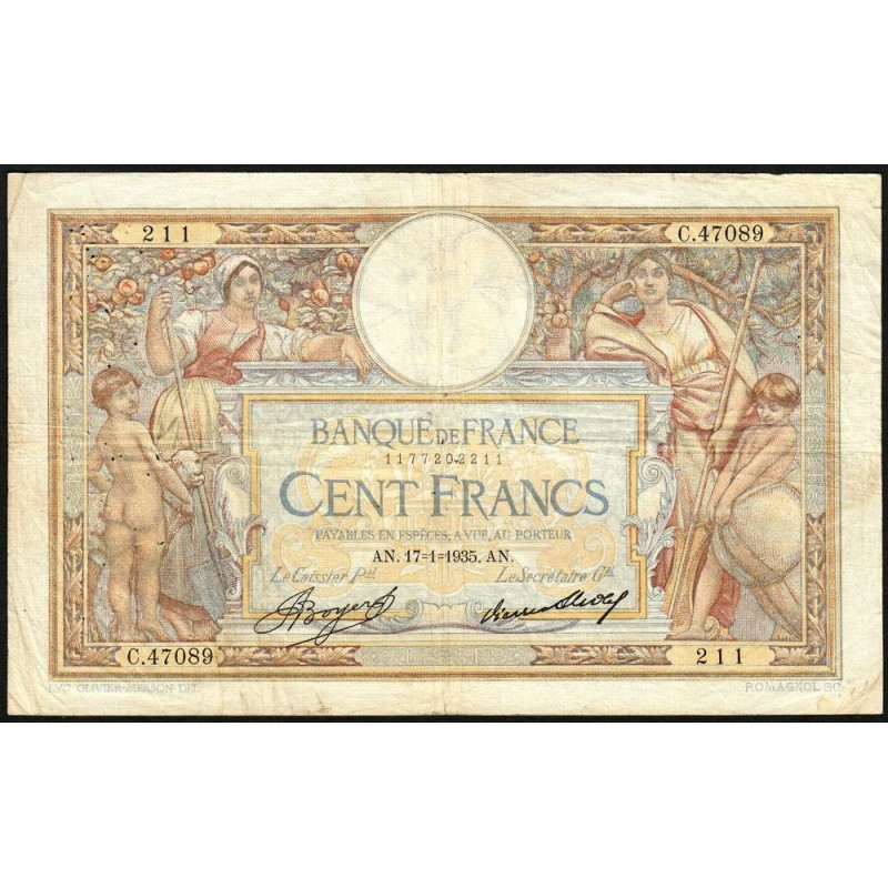 F 24-14 - 17/01/1935 - 100 francs - Merson grands cartouches - Série C.47089 - Etat : TB