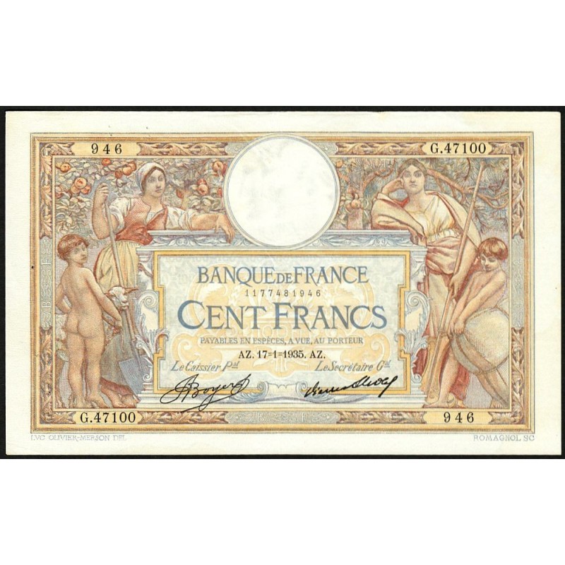 F 24-14 - 17/01/1935 - 100 francs - Merson grands cartouches - Série G.47100 - Etat : SUP