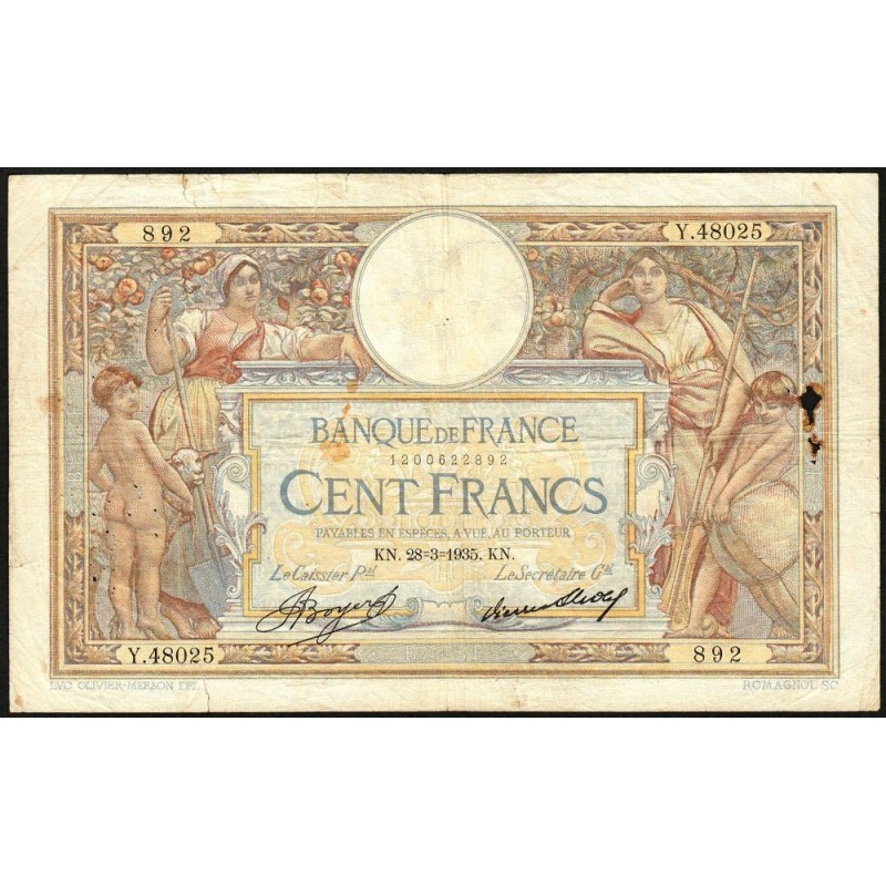 F 24-14 - 28/03/1935 - 100 francs - Merson grands cartouches - Série Y.48025 - Etat : TB-