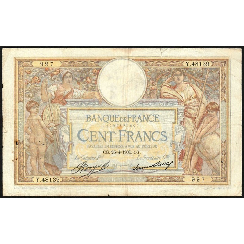 F 24-14 - 25/04/1935 - 100 francs - Merson grands cartouches - Série Y.48139 - Etat : TB-