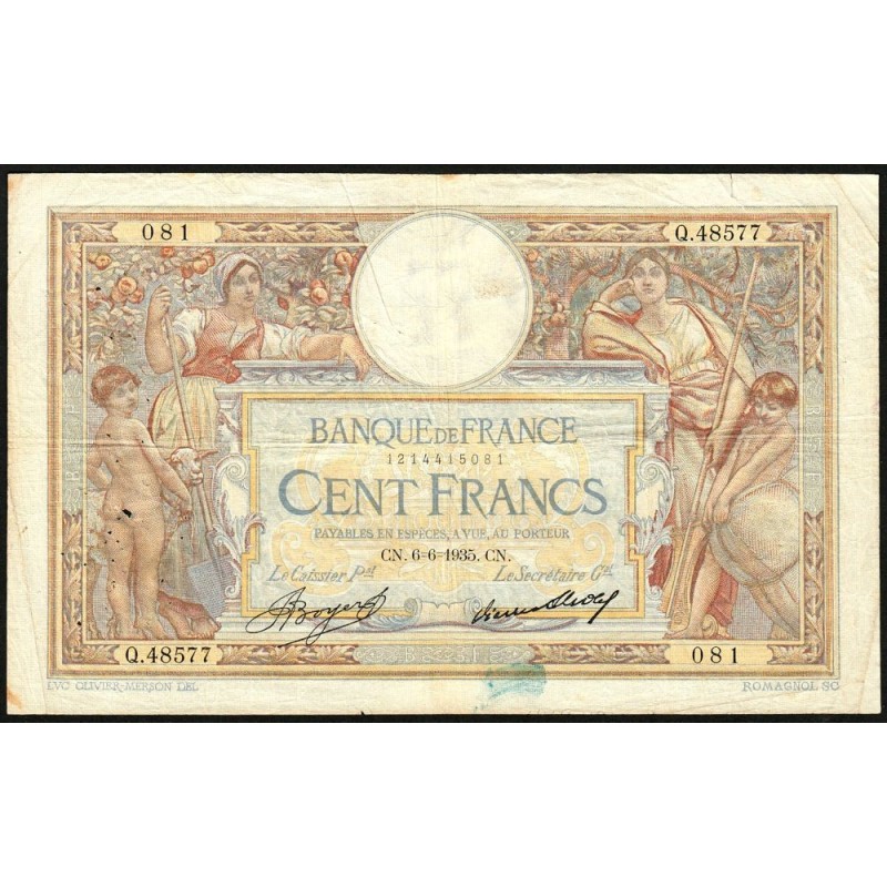 F 24-14 - 06/06/1935 - 100 francs - Merson grands cartouches - Série Q.48577 - Etat : TB