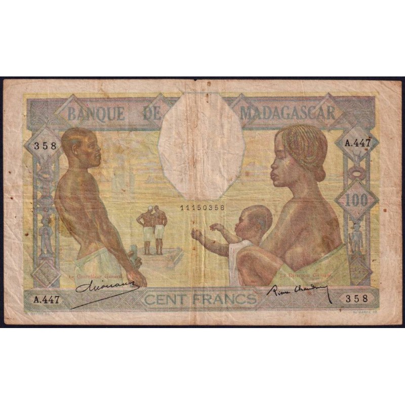 Madagascar - Pick 40b - 100 francs - Série A.447 - 1937 - Etat : B+ à TB-