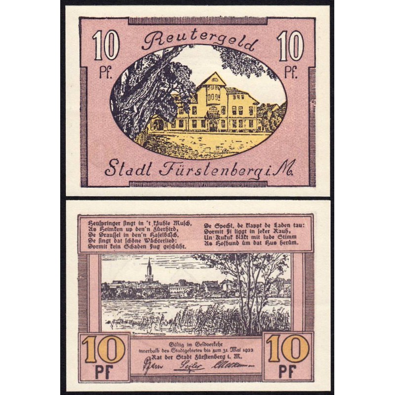 Allemagne - Notgeld - Fürstenberg - 10 pfennig - 1921 - Etat : SPL