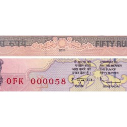 Inde - Pick 97g_2 - 50 rupees - Série 0FK - Lettre L - 2011 - Petit numéro - Etat : NEUF