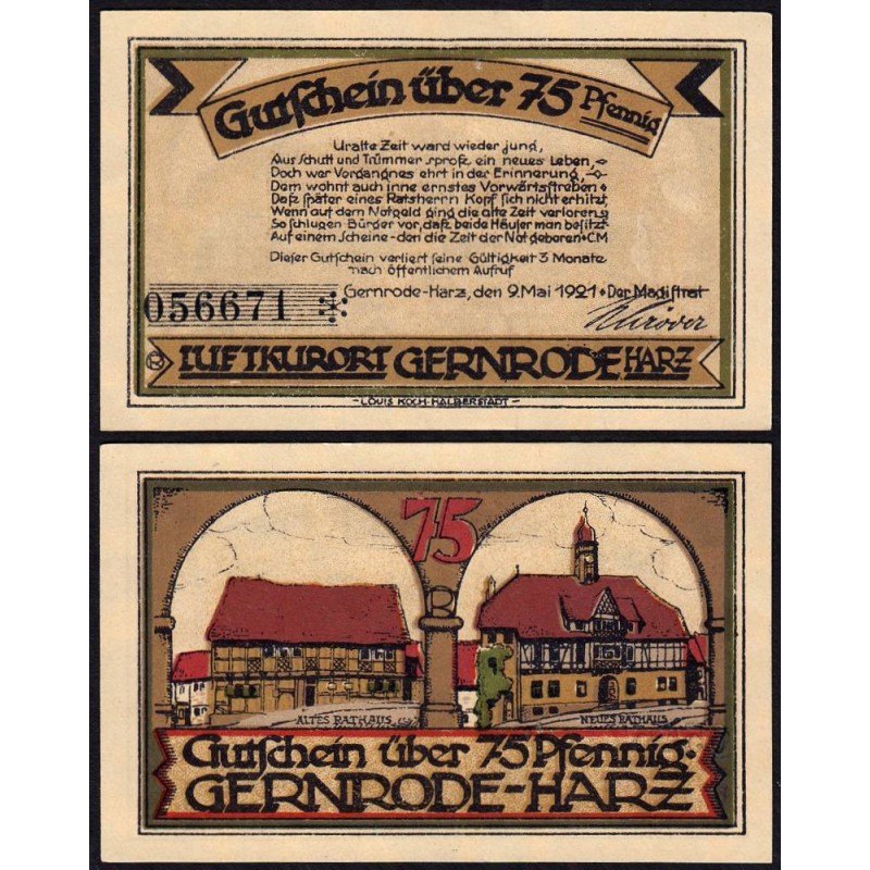 Allemagne - Notgeld - Gernrode - 75 pfennig - Type 1 - 21/10/1921 - Etat : SUP