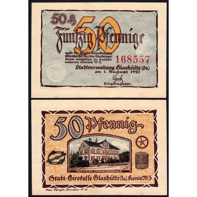 Allemagne - Notgeld - Glashütte - 50 pfennig - Konto 5 - Type 3 - 01/08/1921 - Etat : SPL