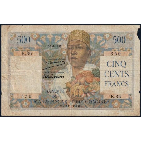 Madagascar - Pick 47a_1 - 500 francs - Série Y.22 - 30/06/1950 - Etat : B+