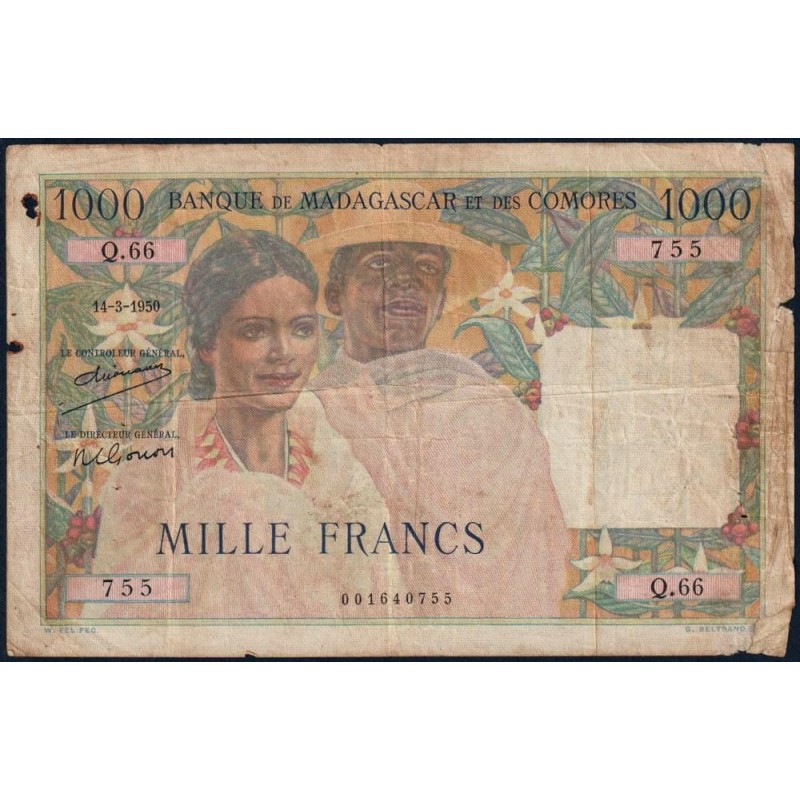 Madagascar - Pick 48a_1 - 1'000 francs - Série Q.66 - 11/03/1950 - Etat : AB