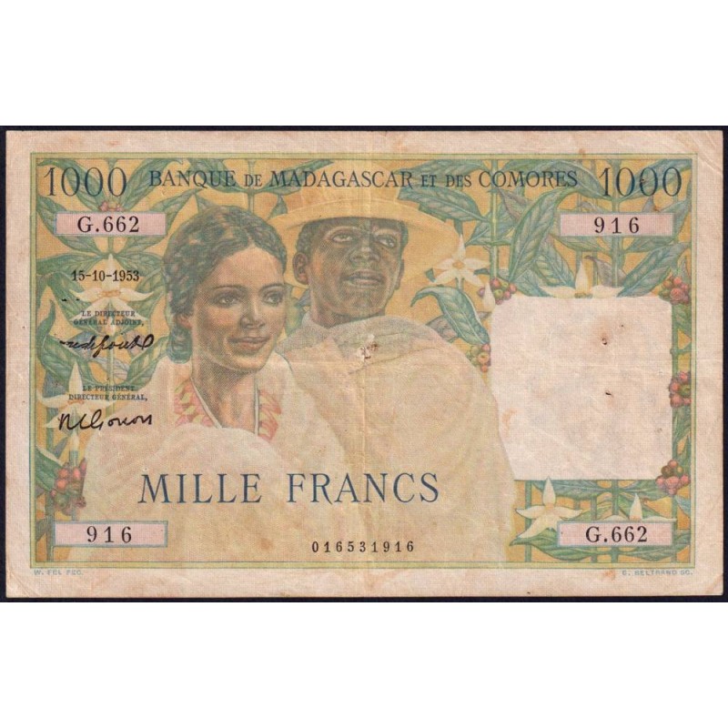 Madagascar - Pick 48b - 1'000 francs - Série G.662 - 15/10/1953 - Etat : TB+