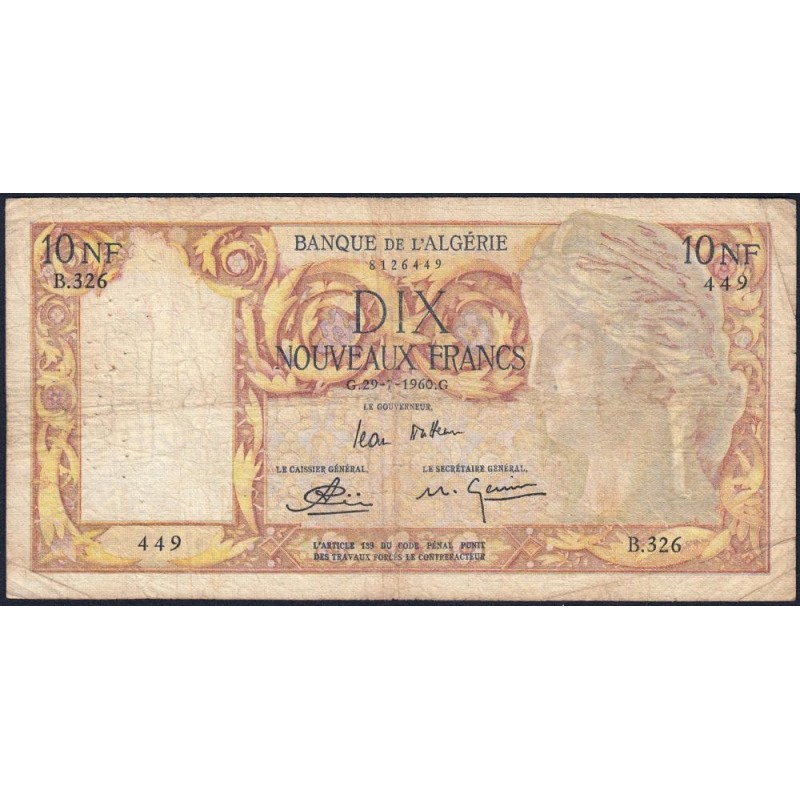 Algérie - Pick 119a_2- 10 nouv. francs - Série B.326 - 29/07/1960 - Etat : TB