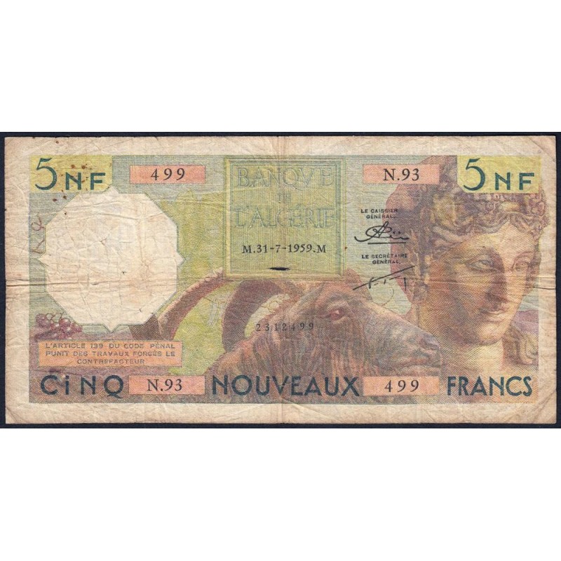 Algérie - Pick 118a_1 - 5 nouv. Francs - Série N.93 - 31/07/1959 - Etat : B+