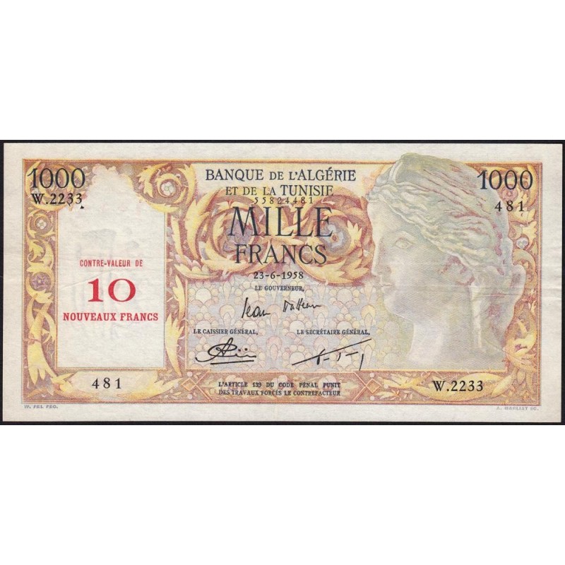 Algérie - Pick 112 - 10 nouv. francs sur 1'000 francs - Série W.2233 (rempl.) - 23/06/1958 - Etat : TTB+