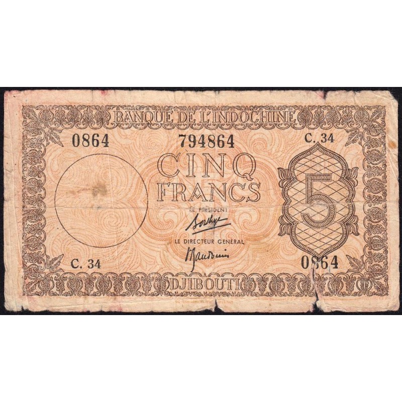 Djibouti - Pick 14 - 5 francs - Série C.34 - 1944 - Etat : B-