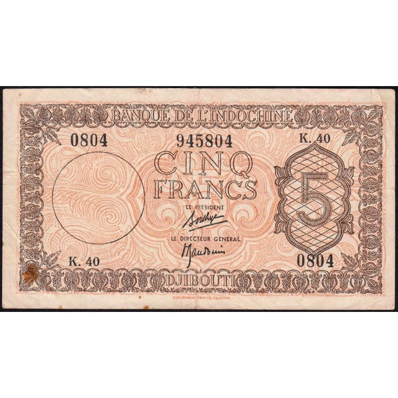 Djibouti - Pick 14 - 5 francs - Série K.40 - 1944 - Etat : TB+ à TTB