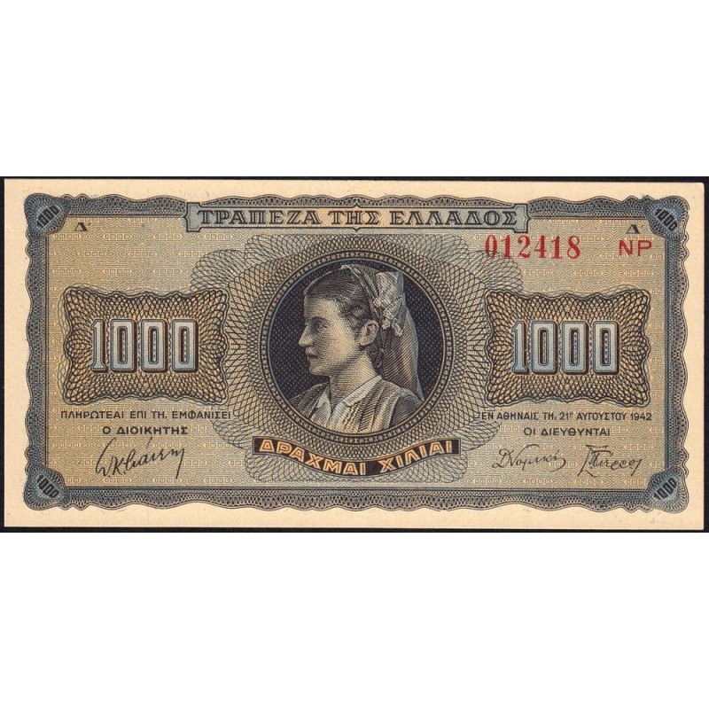 Grèce - Pick 118b - 1'000 drachmai - Série ΝΡ - 21/08/1941 - Etat : NEUF