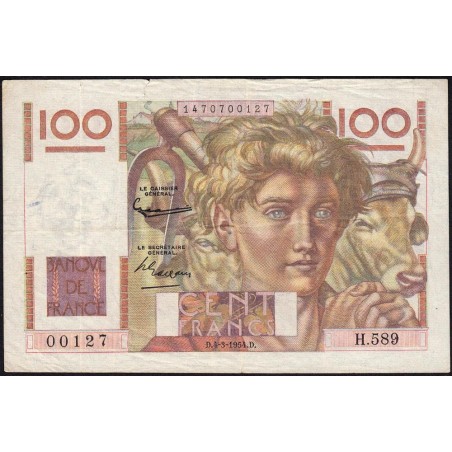 F 28bis-05 - 04/03/1954 - 100 francs - Jeune Paysan - Série H.589 - Filigrane inversé - Etat : TB à TB+