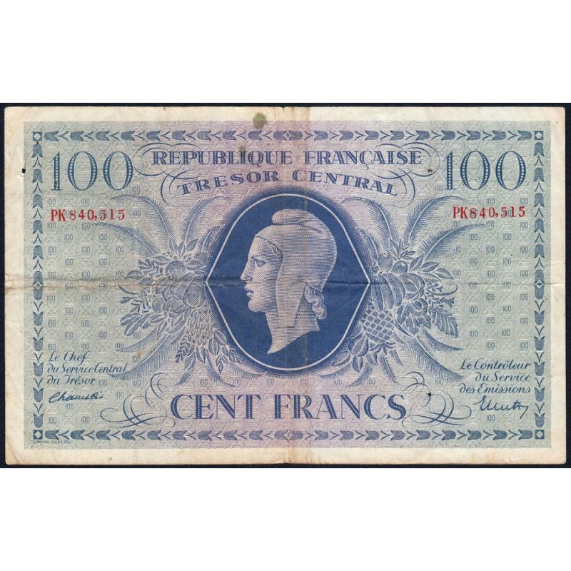 VF 06-01c - 100 francs - Trésor central - 1943 - Série PK - Etat : TB