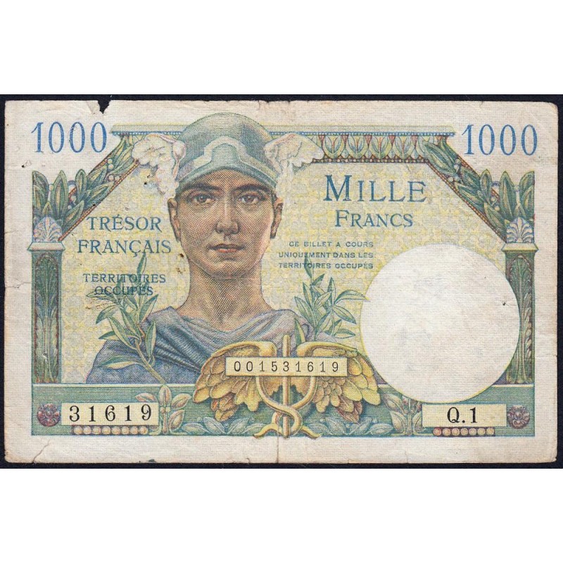 VF 33-01 - 1'000 francs - Trésor français - Territoires occupés - 1947 - Série Q.1 - Etat : TB-