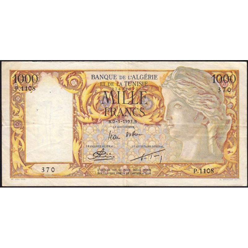 Algérie - Pick 107b_1 - 1'000 francs - Série P.1108 - 10/02/1953 - Etat : TTB