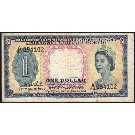 Malaisie et Bornéo Britannique - Pick 1a - 1 dollar - Série A/64 - 21/03/1953 - Etat : B+ à TB-