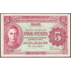 Malaisie Britannique - Pick 7a - 5 cents - Sans série - 01/07/1941 - Etat : TTB+