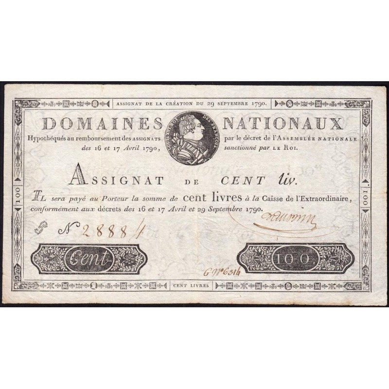 Assignat 09a-v1 - 100 livres - 29 septembre 1790 - Série J - Etat : TTB+