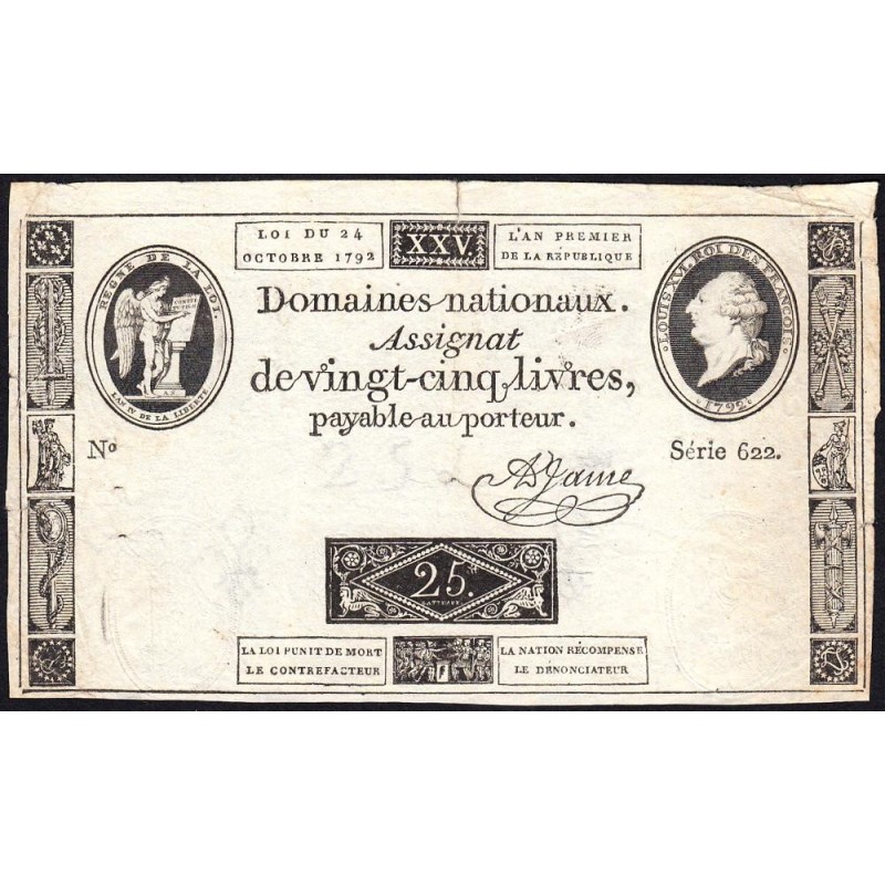 Assignat 37a - 25 livres - 24 octobre 1792 - Série 622 - Etat : TB+