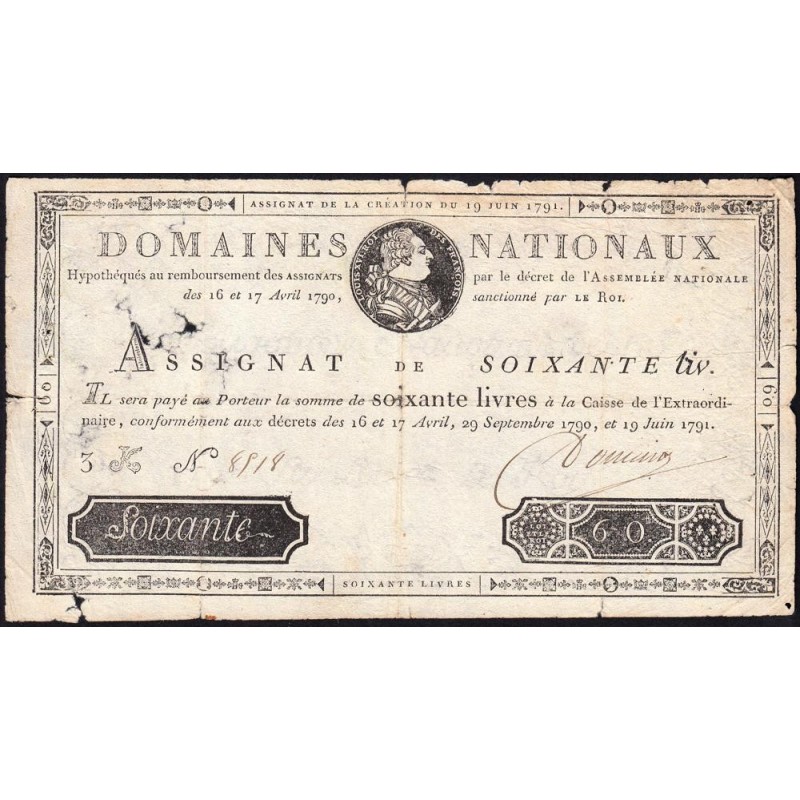 Assignat 14a - 60 livres - 19 juin 1791 - Série 3K - Etat : B+