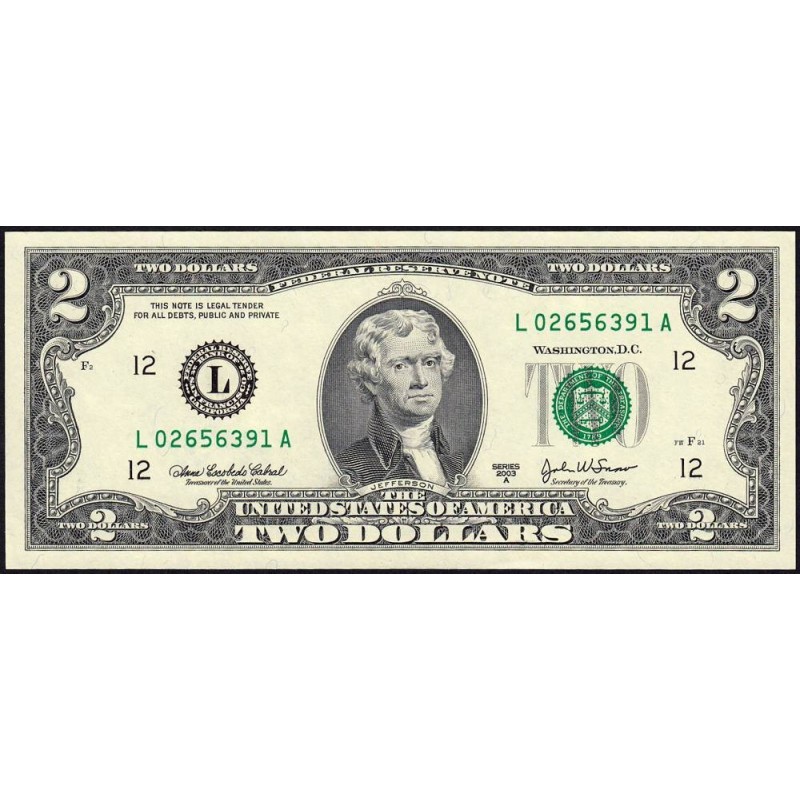 Etats Unis - Pick 516b - 2 dollars - Série L A - 2003 A - San Francisco - Etat : NEUF