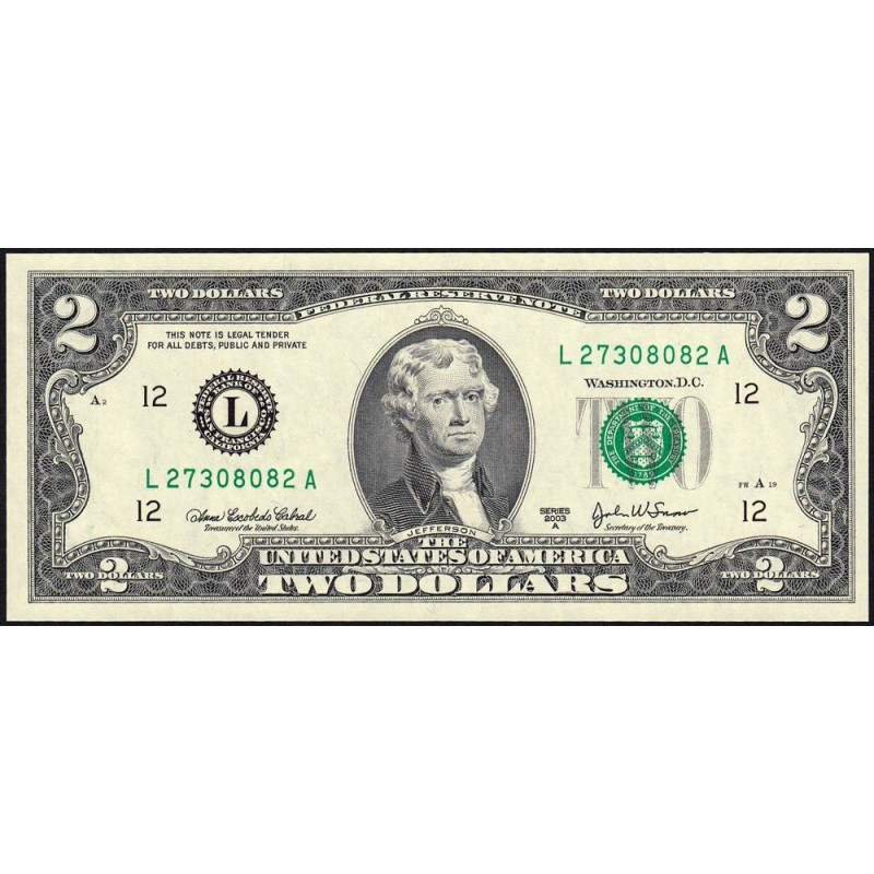 Etats Unis - Pick 516b - 2 dollars - Série L A - 2003 A - San Francisco - Etat : NEUF