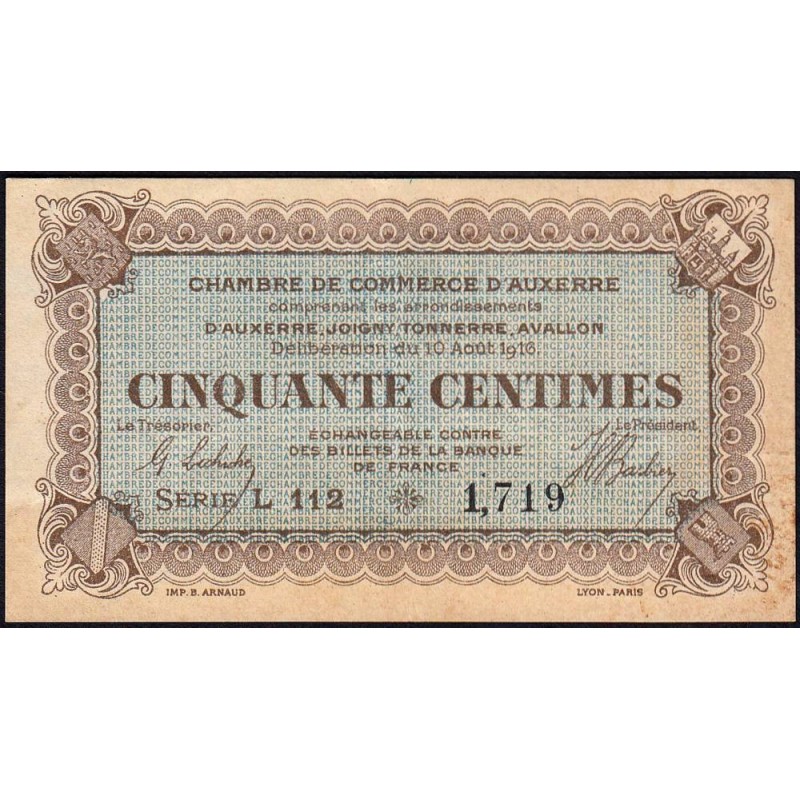 Auxerre - Pirot 17-11 - 50 centimes - Série L 112 - 10/08/1916 - Etat : TTB+