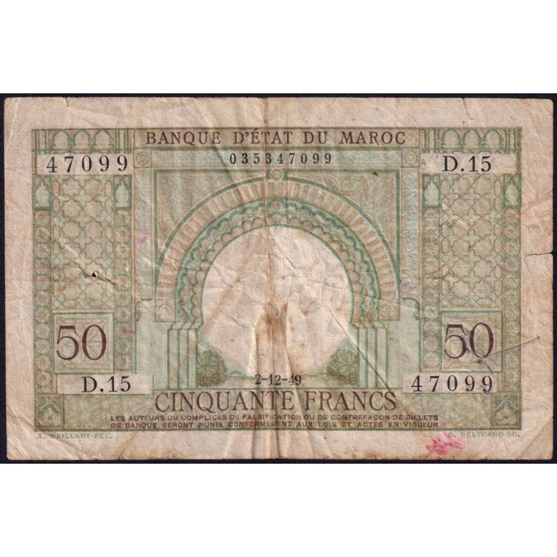 Maroc - Pick 44 - 50 francs - Série D.15 - 02/12/1949 - Etat : B-