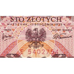 Pologne - Pick 143a_1 - 100 zlotych - Série E - 15/01/1975 - Etat : TTB