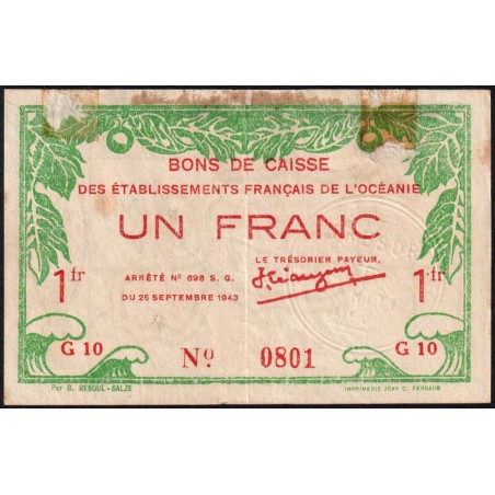 Océanie française - Pick 11c - 1 franc - Série G 10 - 1943 - Etat : TB-