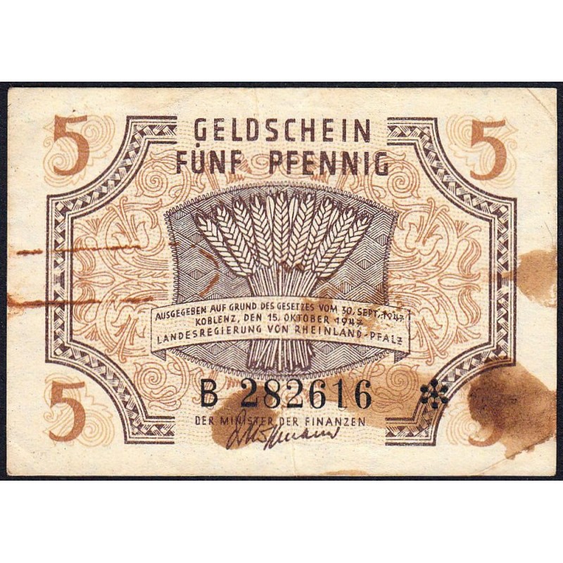 Rhénanie-Palatinat - Occupation Française - Pick S 1004 - 5 pfennig - Série B - 1947 - Etat : TB