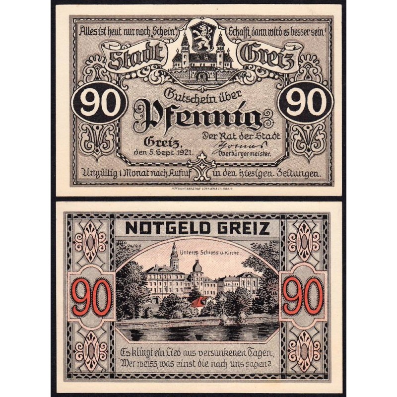 Allemagne - Notgeld - Greiz - 90 pfennig - 05/09/1921 - Etat : NEUF