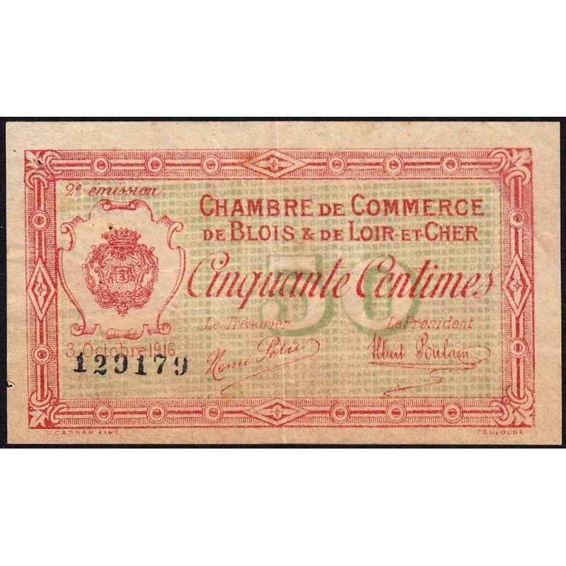 Blois (Loir-et-Cher) - Pirot 28-5 variété - 50 centimes - 03/10/1916 - Etat : TB+