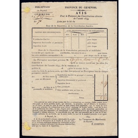 Duché de Savoie - St-Germain - Contributions 1849 + 1 reçu - Etat : TTB