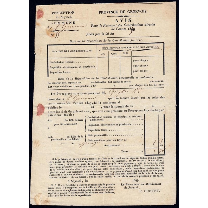 Duché de Savoie - St-Germain Eloise - Contributions 1850 + 3 reçus - Etat : TTB