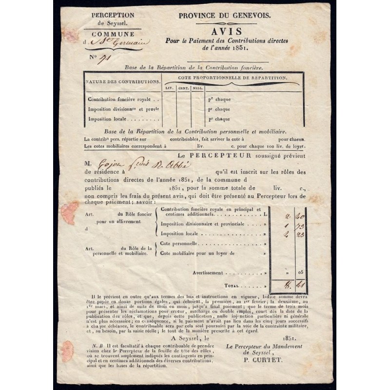 Duché de Savoie - St-Germain Eloise - Contributions 1851 + 2 reçus - Etat : TTB