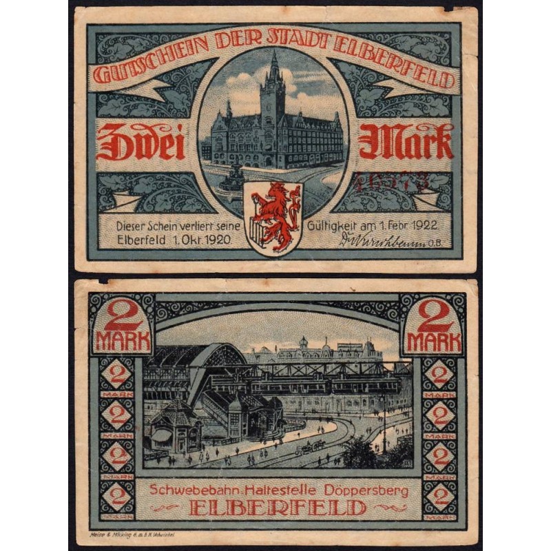 Allemagne - Notgeld - Elberfeld (Wuppertal) - 2 mark - Type 5 - 01/10/1920 - Etat : TB