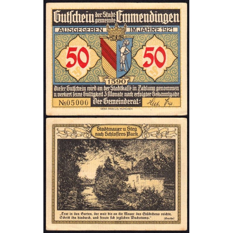 Allemagne - Notgeld - Emmendingen - 50 pfennig - Type 2 - 1921 - Etat : SPL