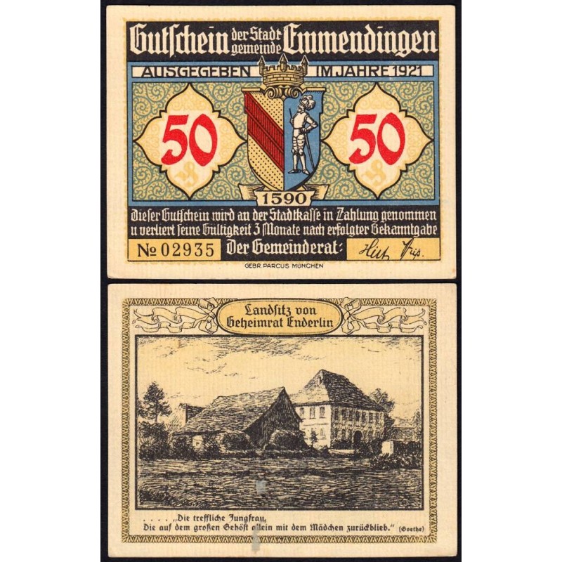 Allemagne - Notgeld - Emmendingen - 50 pfennig - Type 4 - 1921 - Etat : SUP