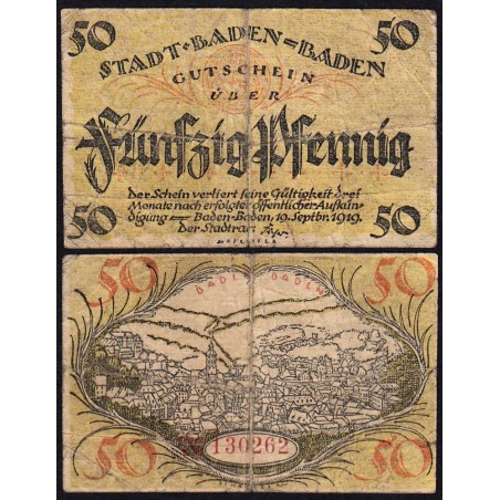 Allemagne - Notgeld - Baden-Baden - 50 pfennig - 19/09/1919 - Etat : B+