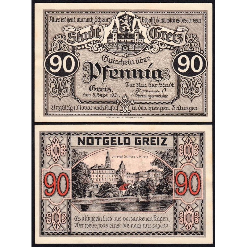 Allemagne - Notgeld - Greiz - 90 pfennig - 05/09/1921 - Etat : NEUF