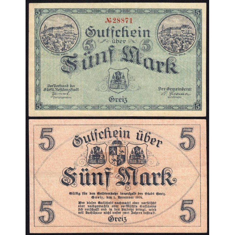 Allemagne - Notgeld - Greiz - 5 mark - 01/11/1918 - Etat : TTB+