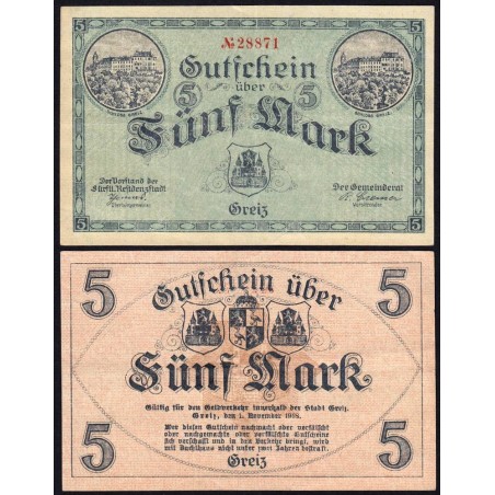 Allemagne - Notgeld - Greiz - 5 mark - 01/11/1918 - Etat : TTB+