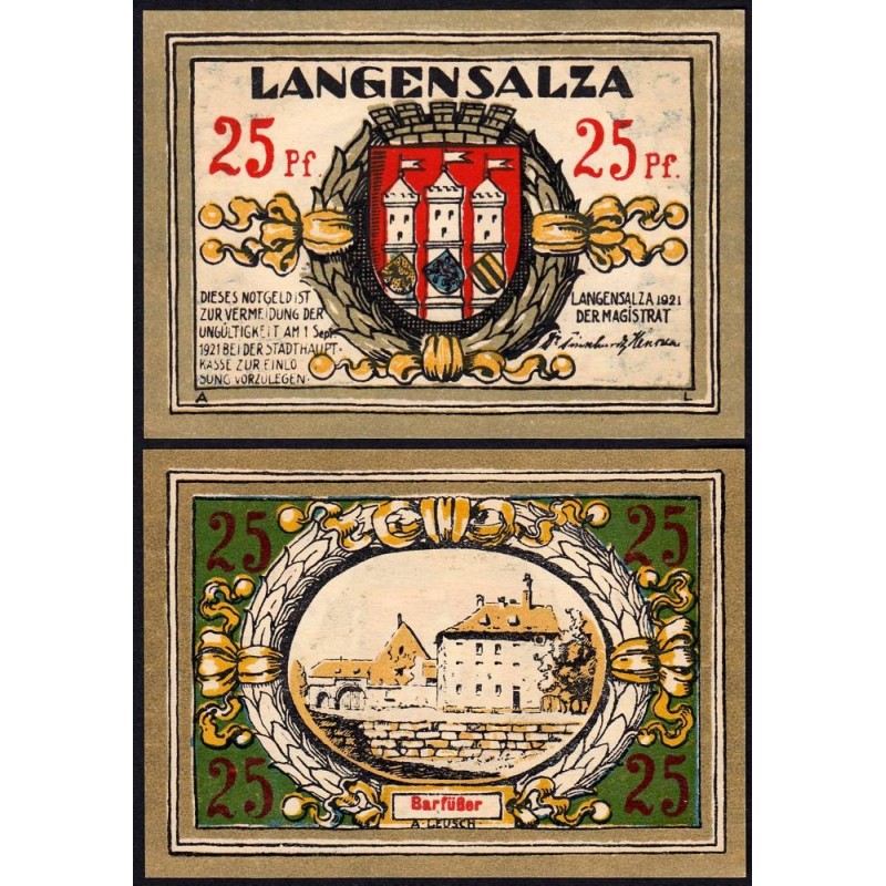 Allemagne - Notgeld - Langensalza - 25 pfennig - Réf. a - 1921 - Etat : NEUF