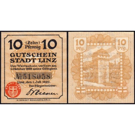 Allemagne - Notgeld - Linz - 10 pfennig - 01/07/1921 - Etat : SPL